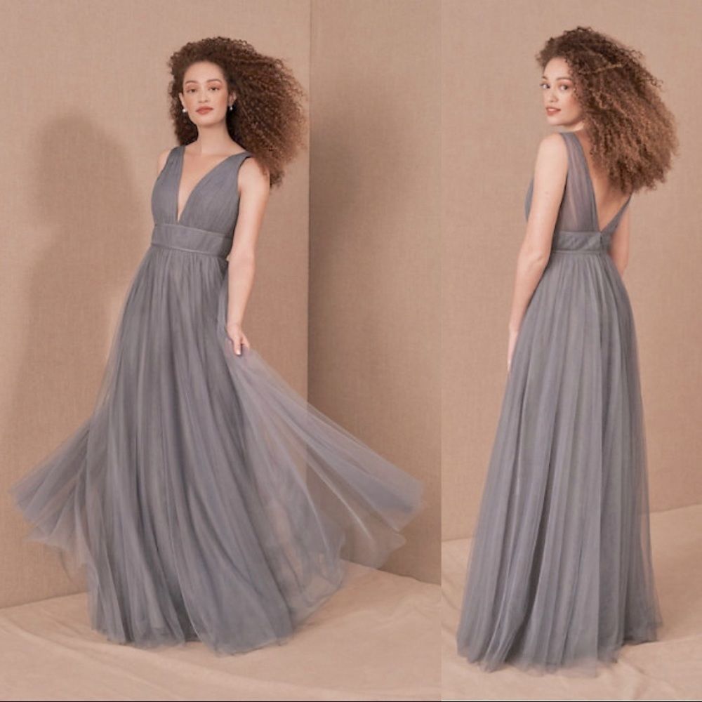 Jenny Yoo Sarita Blue Gray Tulle Maxi Dress
